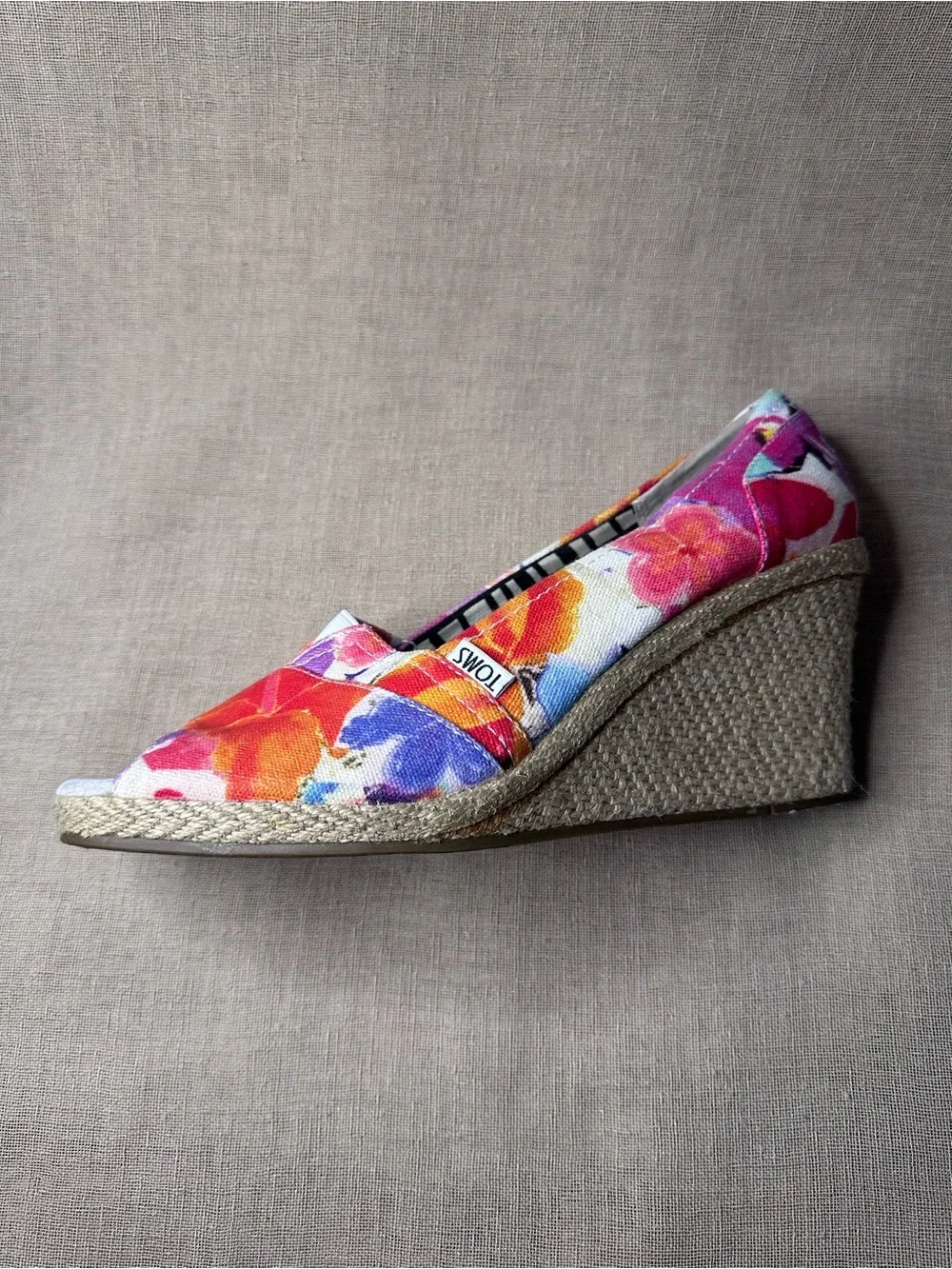 TOMS Multicolor Floral Canvas Wedge Espadrille - Pink, Orange, Blue